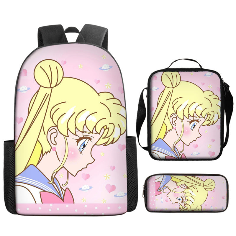 Sailor Moon Full Printed Backpack Schoolbag Travel Notebook Bag Lunch Bag Pencil Bag for Kids Students 3PCS