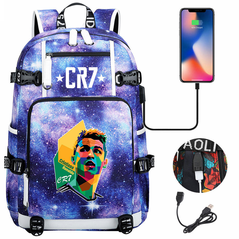 CR7 Football Ronaldo USB Charging Backpack School Notebook Travel Bags