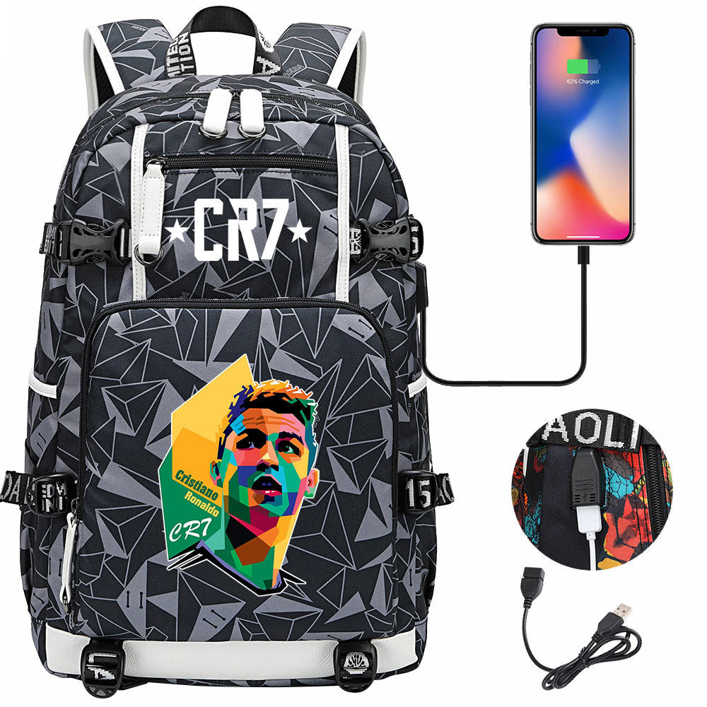 CR7 Football Ronaldo USB Charging Backpack School Notebook Travel Bags