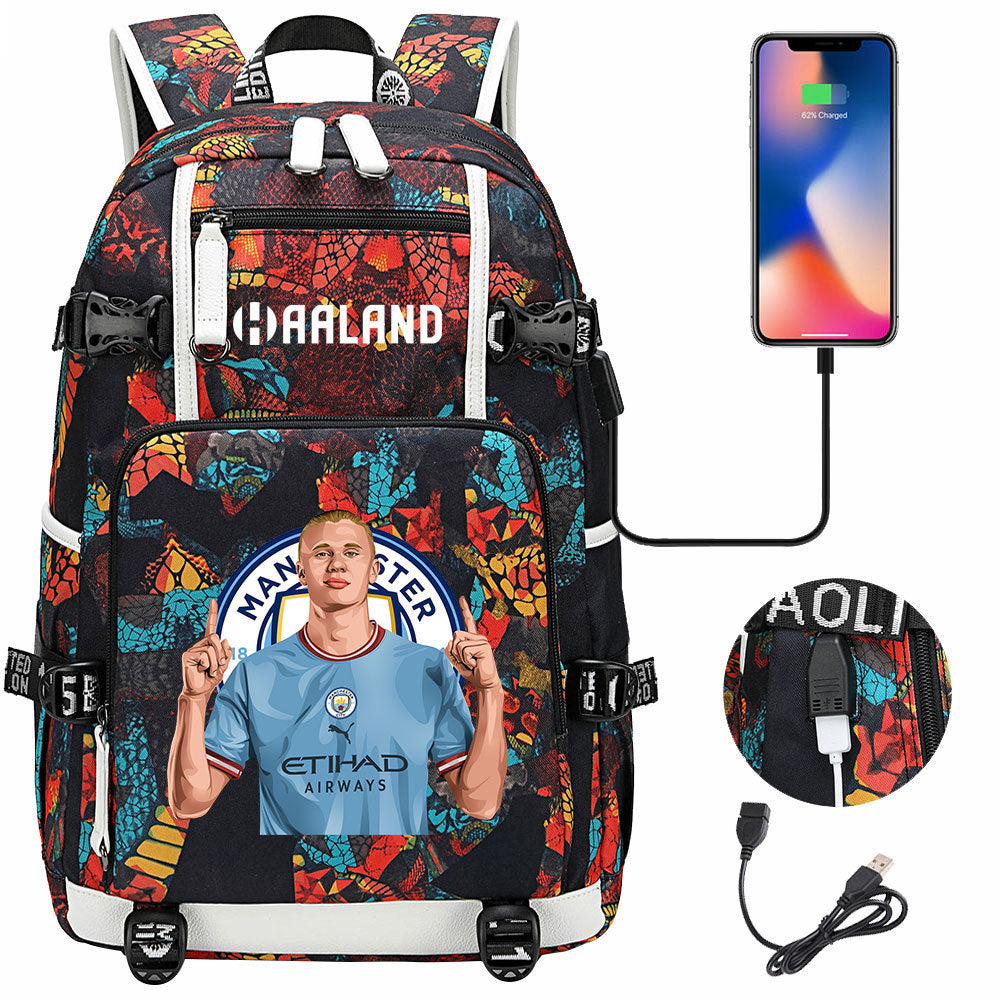 Manchester Football Haaland USB Charging Backpack School Notebook Travel Bags