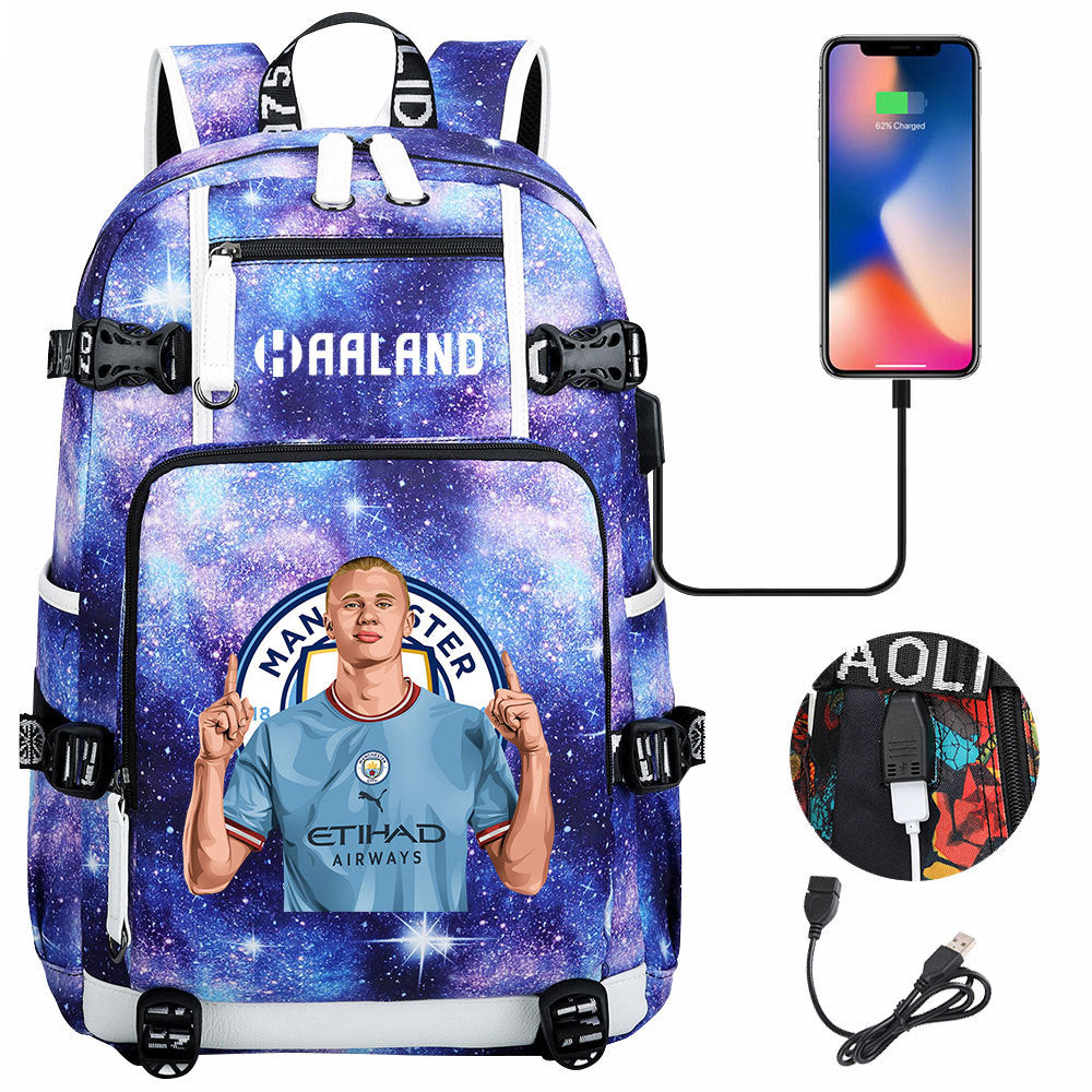 Manchester Football Haaland USB Charging Backpack School Notebook Travel Bags