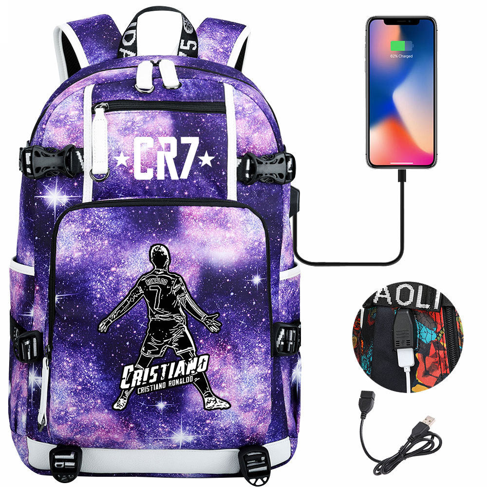 CR7 Football Ronaldo USB Charging Backpack School Notebook Travel Bags