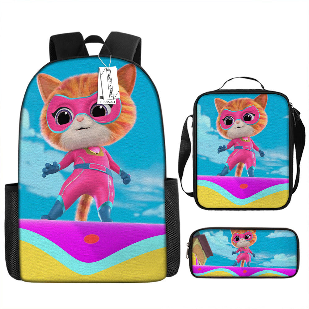 Super Kitties Full Printed Backpack Schoolbag Travel Notebook Bag Lunch Bag Pencil Bag for Kids Students 3PCS