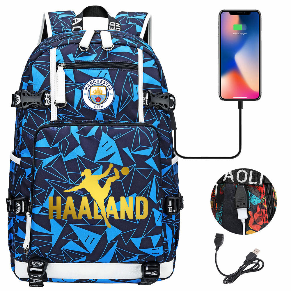 Manchester Football Haaland USB Charging Backpack School Notebook Travel Bags