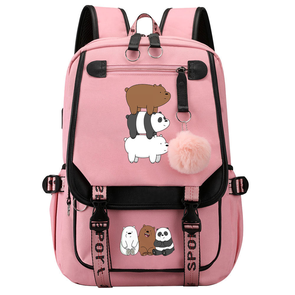 We BareBears Waterproof Backpack School Notebook Travel Bags USB Charging