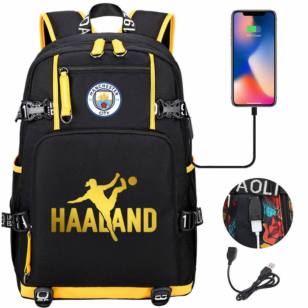 Manchester Football Haaland USB Charging Backpack School Notebook Travel Bags