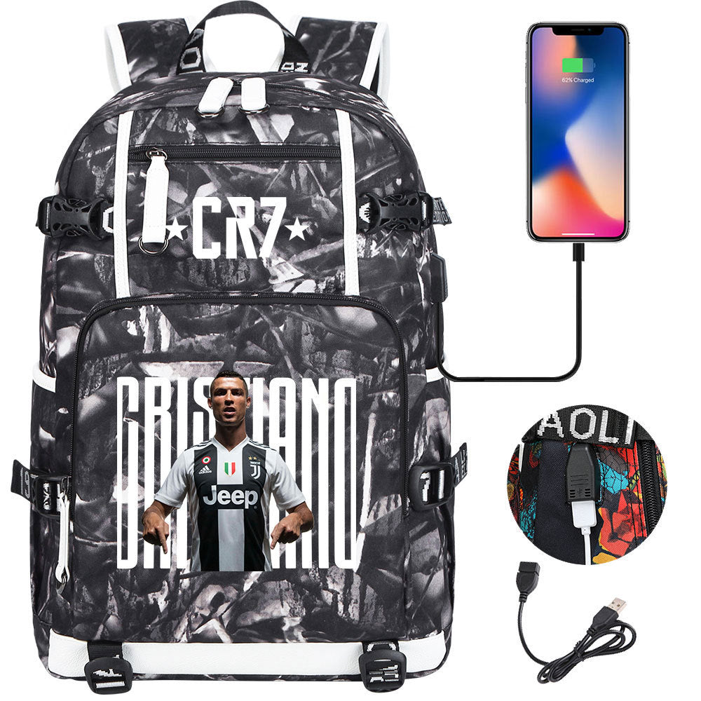 CR7 Football Ronaldo USB Charging Backpack School Notebook Travel Bags