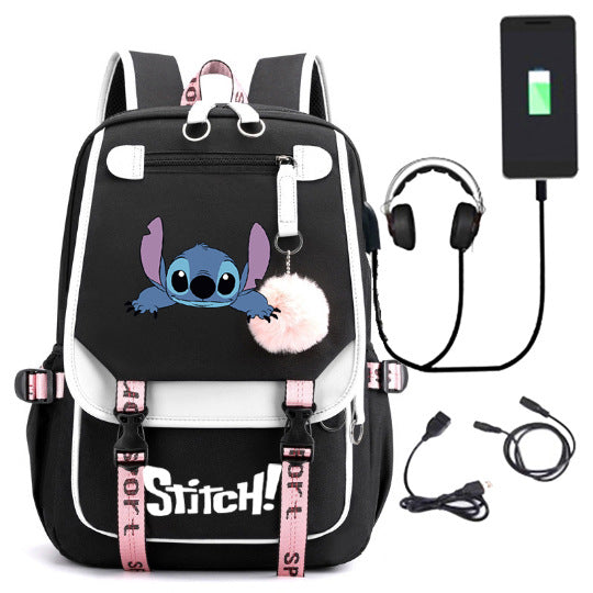 Lilo Stitch Waterproof Backpack School Notebook Travel Bags USB Charging