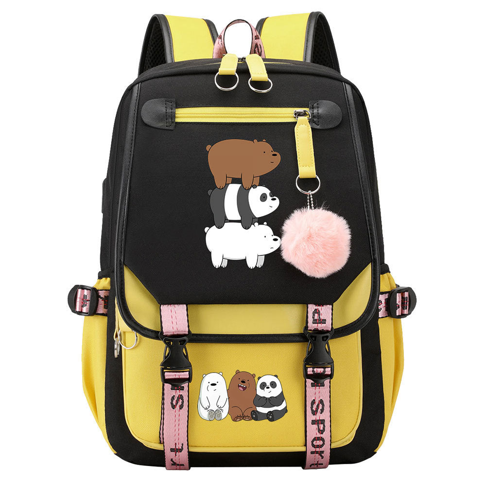 We BareBears Waterproof Backpack School Notebook Travel Bags USB Charging