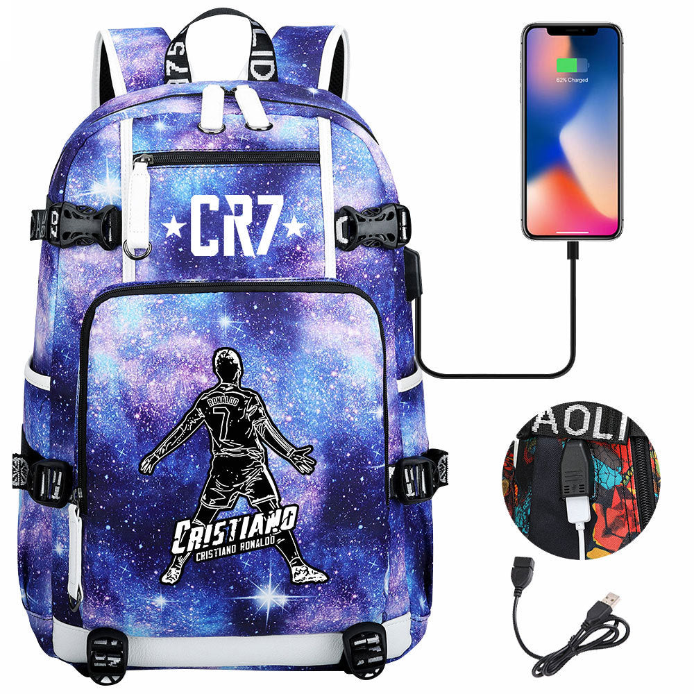 CR7 Football Ronaldo USB Charging Backpack School Notebook Travel Bags