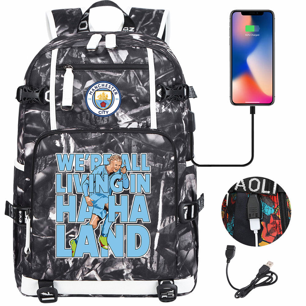 Manchester Football Haaland USB Charging Backpack School Notebook Travel Bags