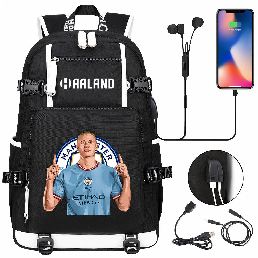 Manchester Football Haaland USB Charging Backpack School Notebook Travel Bags