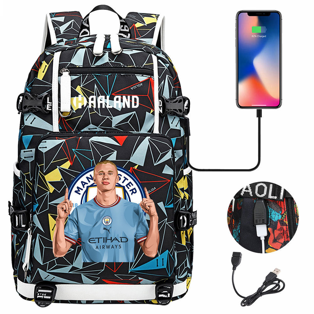 Manchester Football Haaland USB Charging Backpack School Notebook Travel Bags