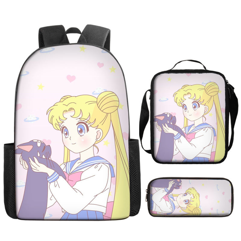 Sailor Moon Full Printed Backpack Schoolbag Travel Notebook Bag Lunch Bag Pencil Bag for Kids Students 3PCS