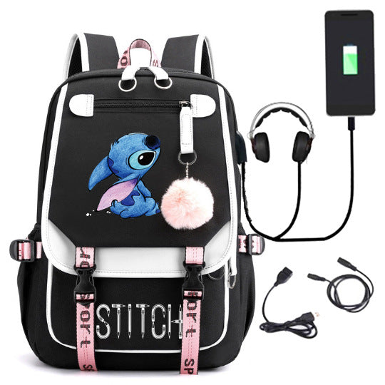 Lilo Stitch Waterproof Backpack School Notebook Travel Bags USB Charging