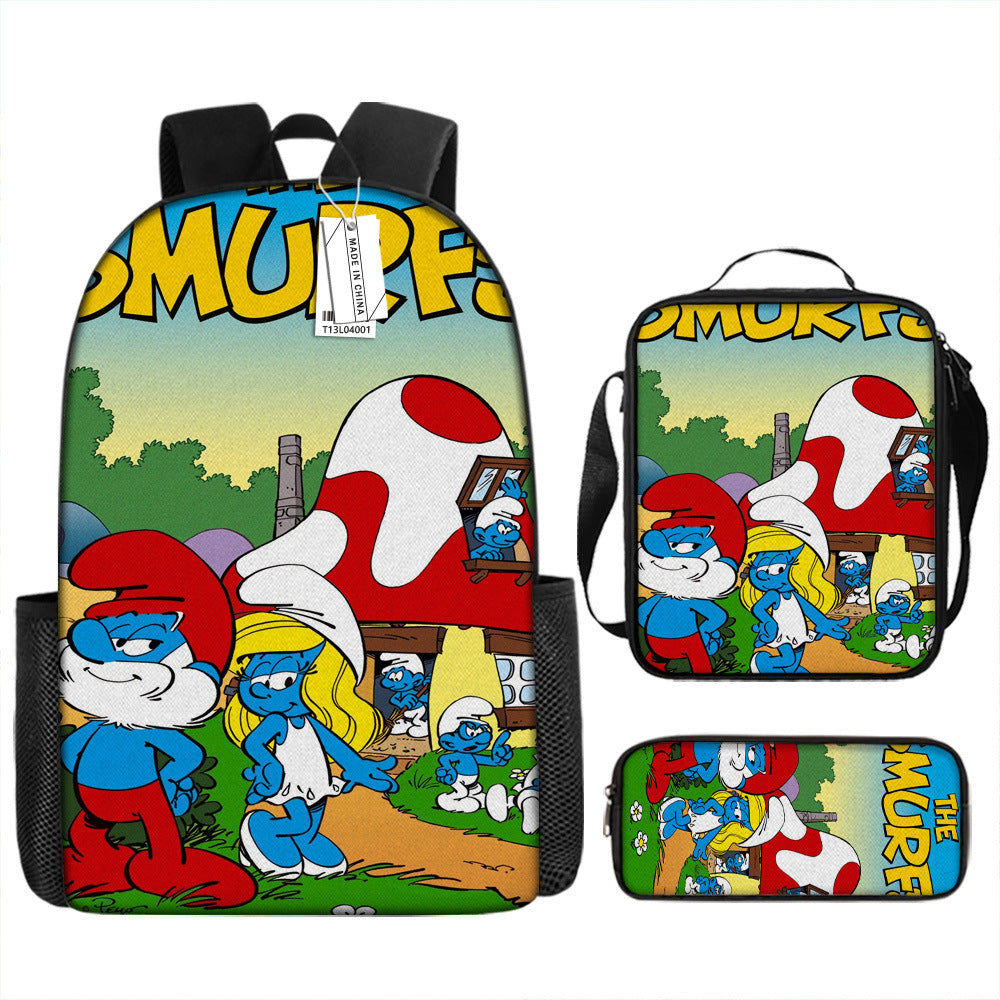 The Smurfs Full Printed Backpack Schoolbag Travel Notebook Bag Lunch Bag Pencil Bag for Kids Students 3PCS