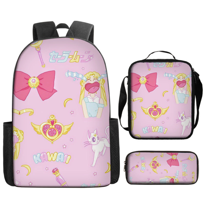 Sailor Moon Full Printed Backpack Schoolbag Travel Notebook Bag Lunch Bag Pencil Bag for Kids Students 3PCS