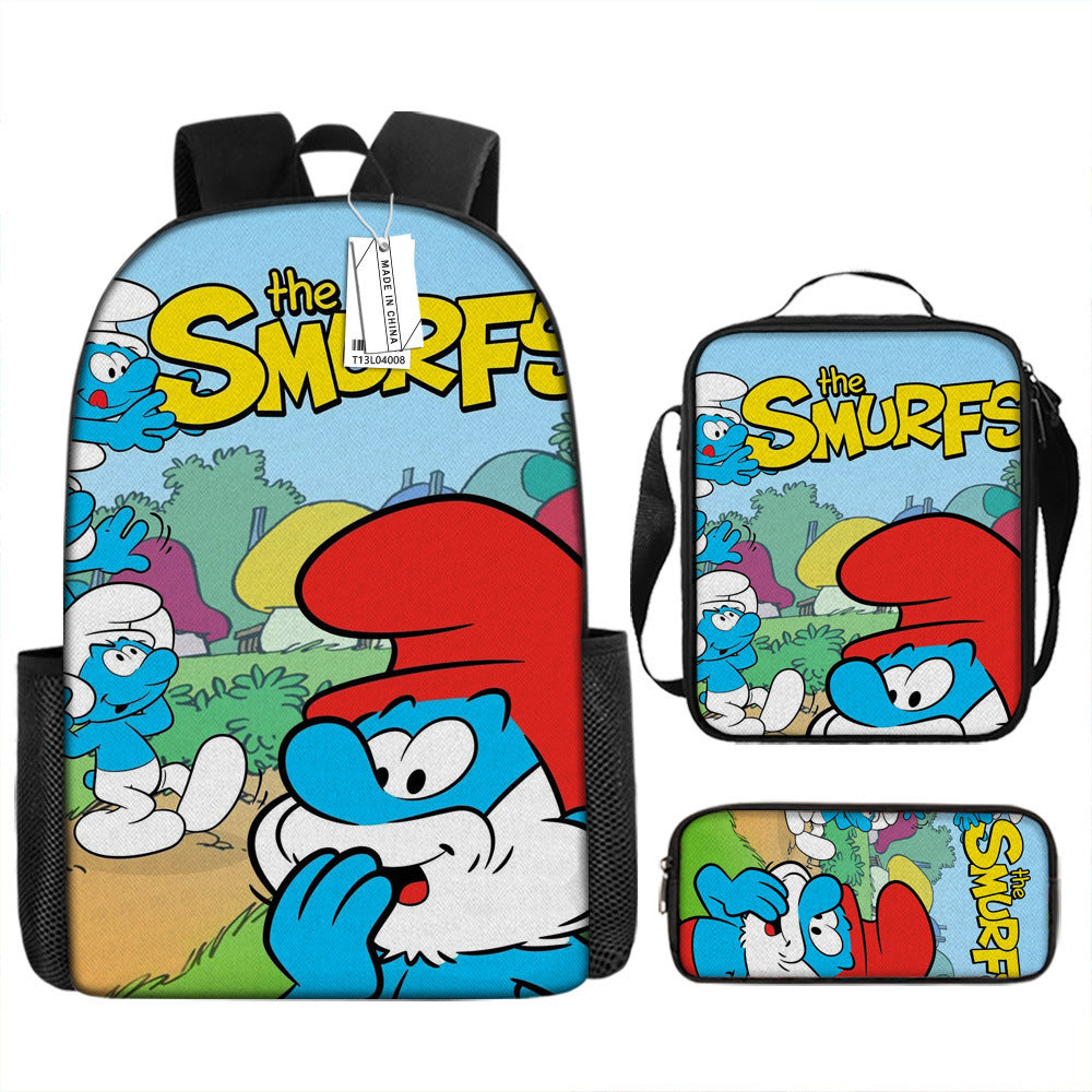 The Smurfs Full Printed Backpack Schoolbag Travel Notebook Bag Lunch Bag Pencil Bag for Kids Students 3PCS