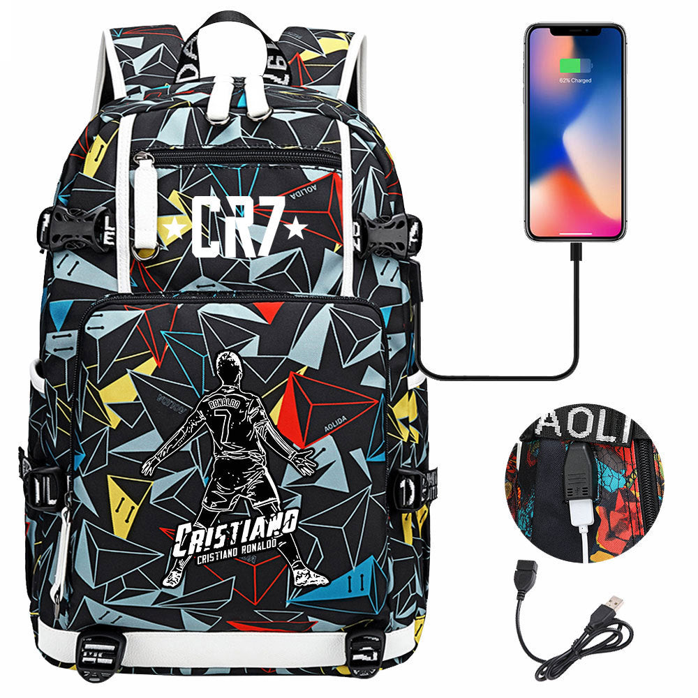 CR7 Football Ronaldo USB Charging Backpack School Notebook Travel Bags