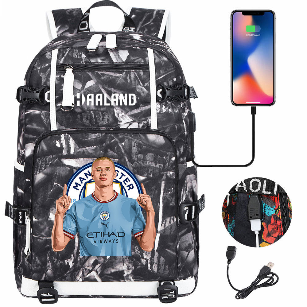 Manchester Football Haaland USB Charging Backpack School Notebook Travel Bags