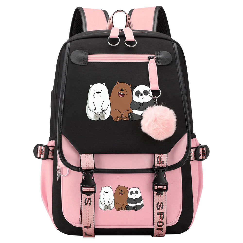 We BareBears Waterproof Backpack School Notebook Travel Bags USB Charging