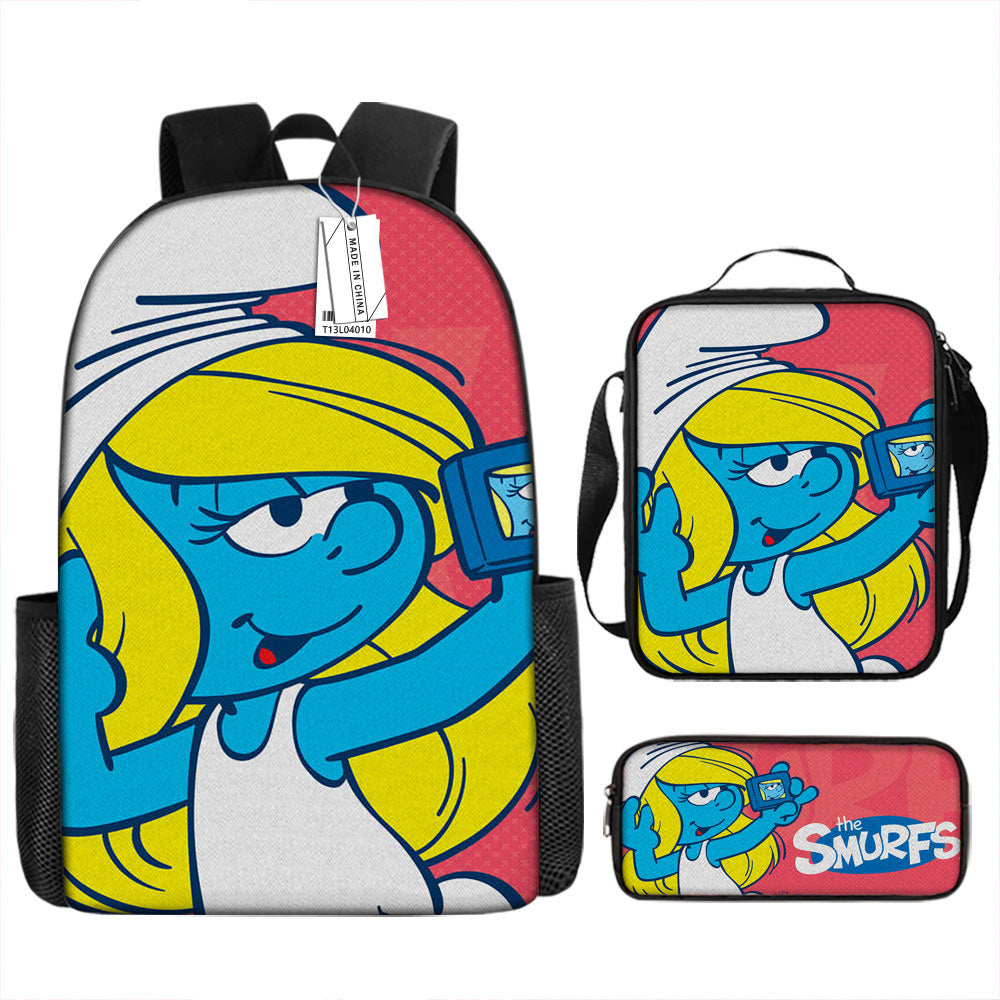 The Smurfs Full Printed Backpack Schoolbag Travel Notebook Bag Lunch Bag Pencil Bag for Kids Students 3PCS