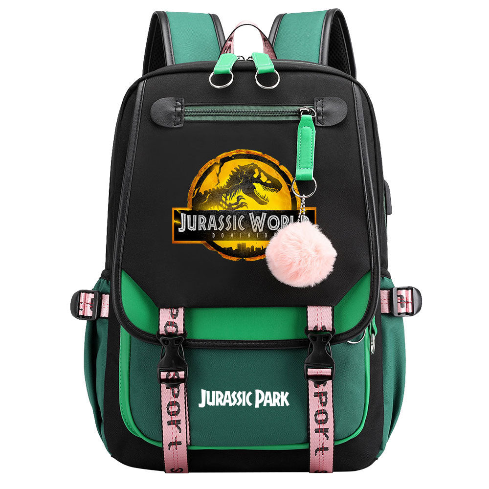 Jurassic World Dinosaur Park Waterproof Backpack School Notebook Travel Bags USB Charging