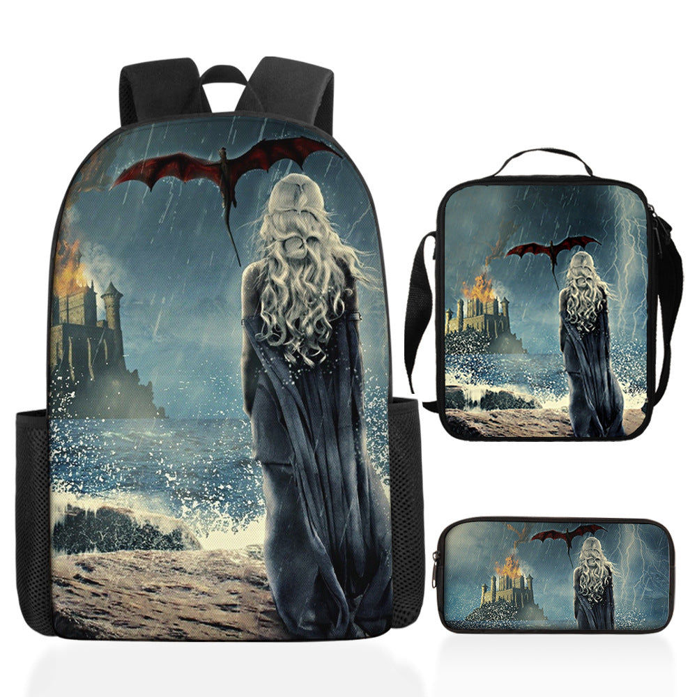 Game of Thrones Full Printed Backpack Schoolbag Travel Notebook Bag Lunch Bag Pencil Bag for Kids Students 3PCS