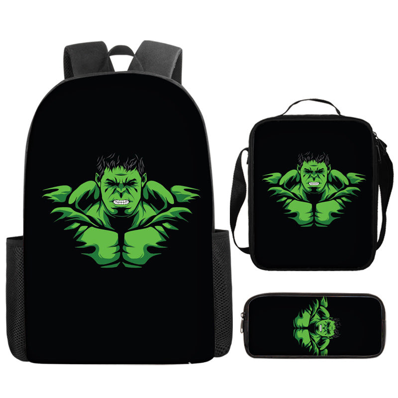 Hulk Superhero Full Printed Backpack Schoolbag Travel Notebook Bag Lunch Bag Pencil Bag for Kids Students 3PCS