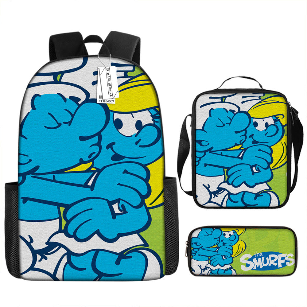 The Smurfs Full Printed Backpack Schoolbag Travel Notebook Bag Lunch Bag Pencil Bag for Kids Students 3PCS