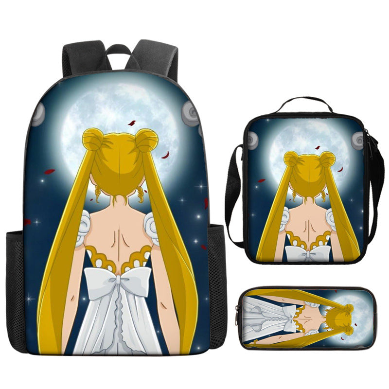 Sailor Moon Full Printed Backpack Schoolbag Travel Notebook Bag Lunch Bag Pencil Bag for Kids Students 3PCS