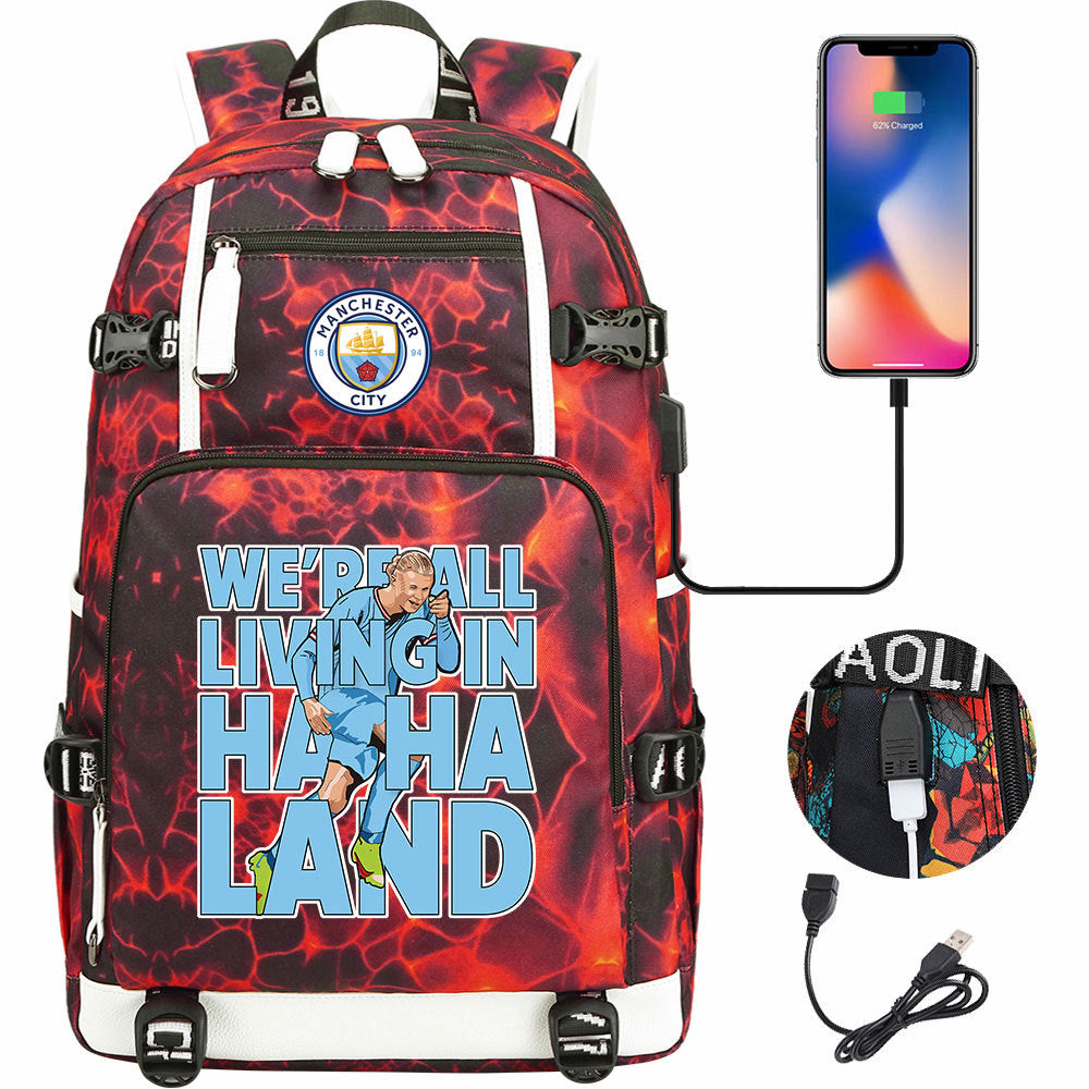 Manchester Football Haaland USB Charging Backpack School Notebook Travel Bags