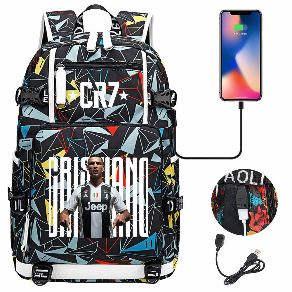 CR7 Football Ronaldo USB Charging Backpack School Notebook Travel Bags