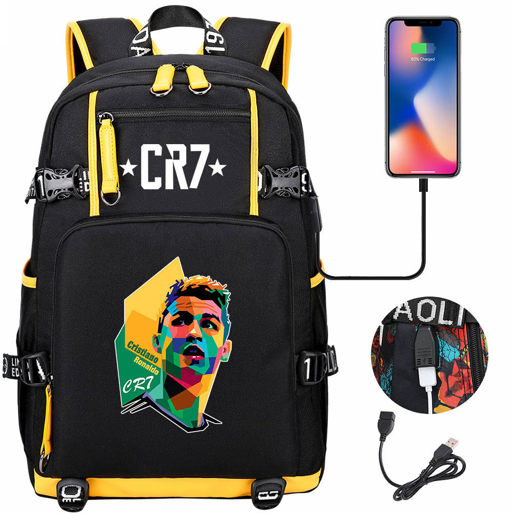 CR7 Football Ronaldo USB Charging Backpack School Notebook Travel Bags