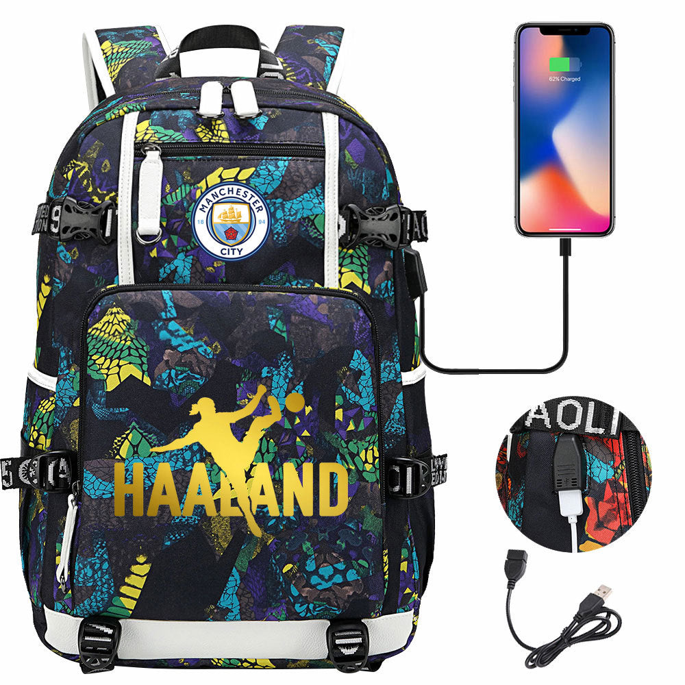 Manchester Football Haaland USB Charging Backpack School Notebook Travel Bags