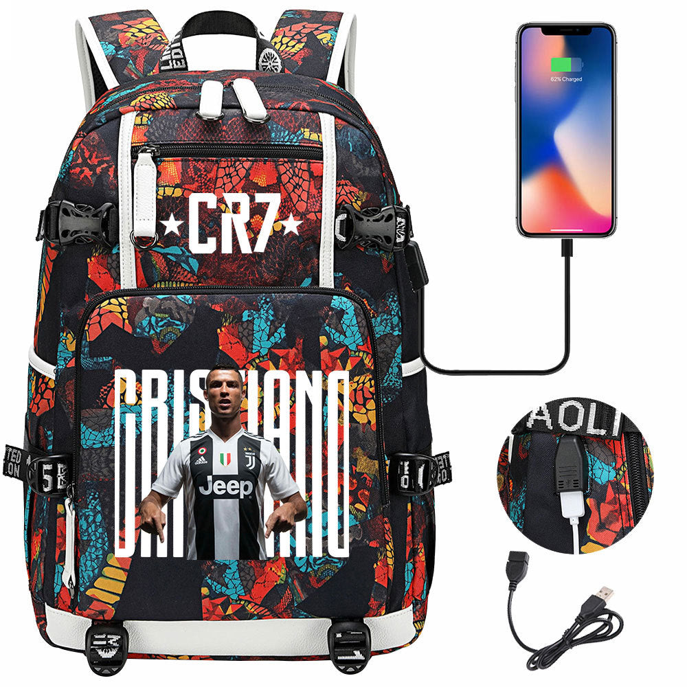 CR7 Football Ronaldo USB Charging Backpack School Notebook Travel Bags