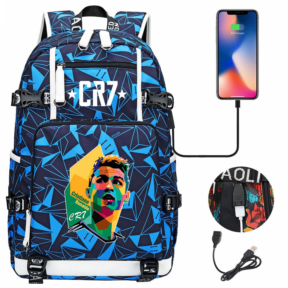 CR7 Football Ronaldo USB Charging Backpack School Notebook Travel Bags