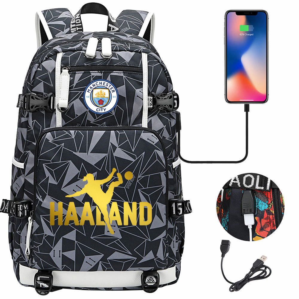 Manchester Football Haaland USB Charging Backpack School Notebook Travel Bags