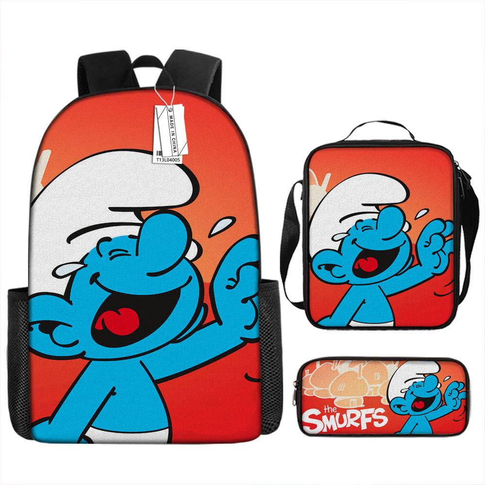 The Smurfs Full Printed Backpack Schoolbag Travel Notebook Bag Lunch Bag Pencil Bag for Kids Students 3PCS
