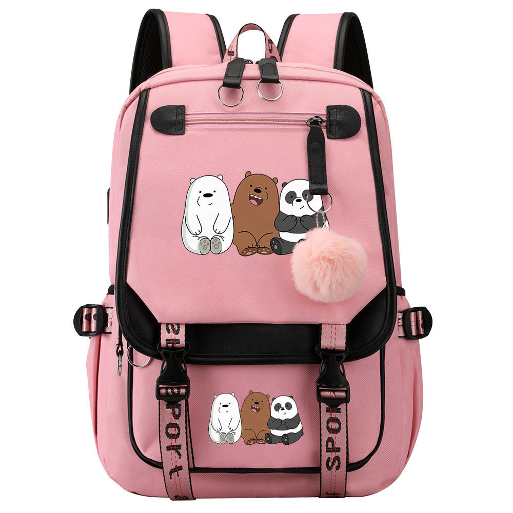 We BareBears Waterproof Backpack School Notebook Travel Bags USB Charging