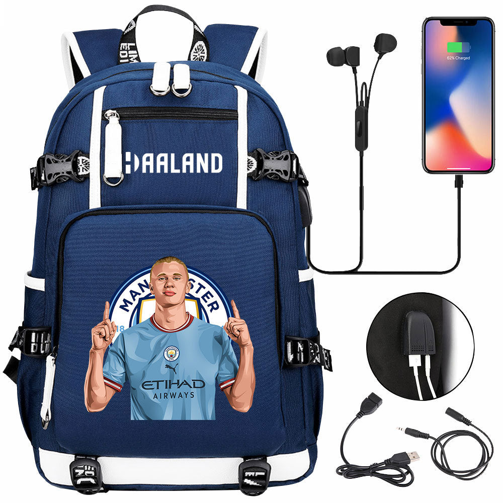 Manchester Football Haaland USB Charging Backpack School Notebook Travel Bags