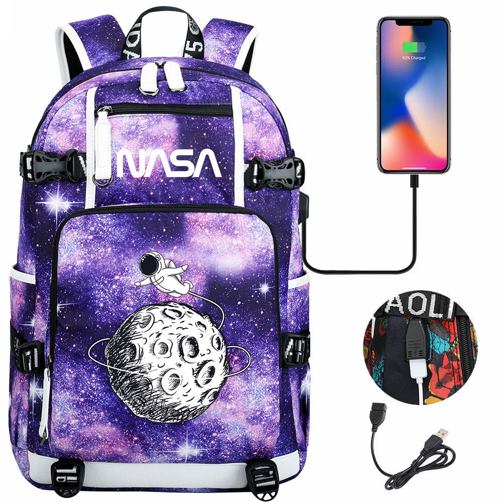 Nasa Space USB Charging Backpack School Notebook Travel Bags