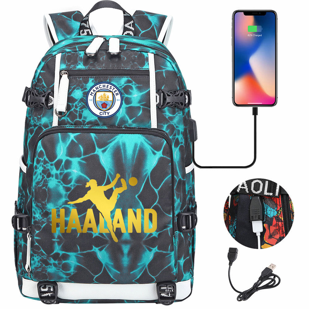 Manchester Football Haaland USB Charging Backpack School Notebook Travel Bags