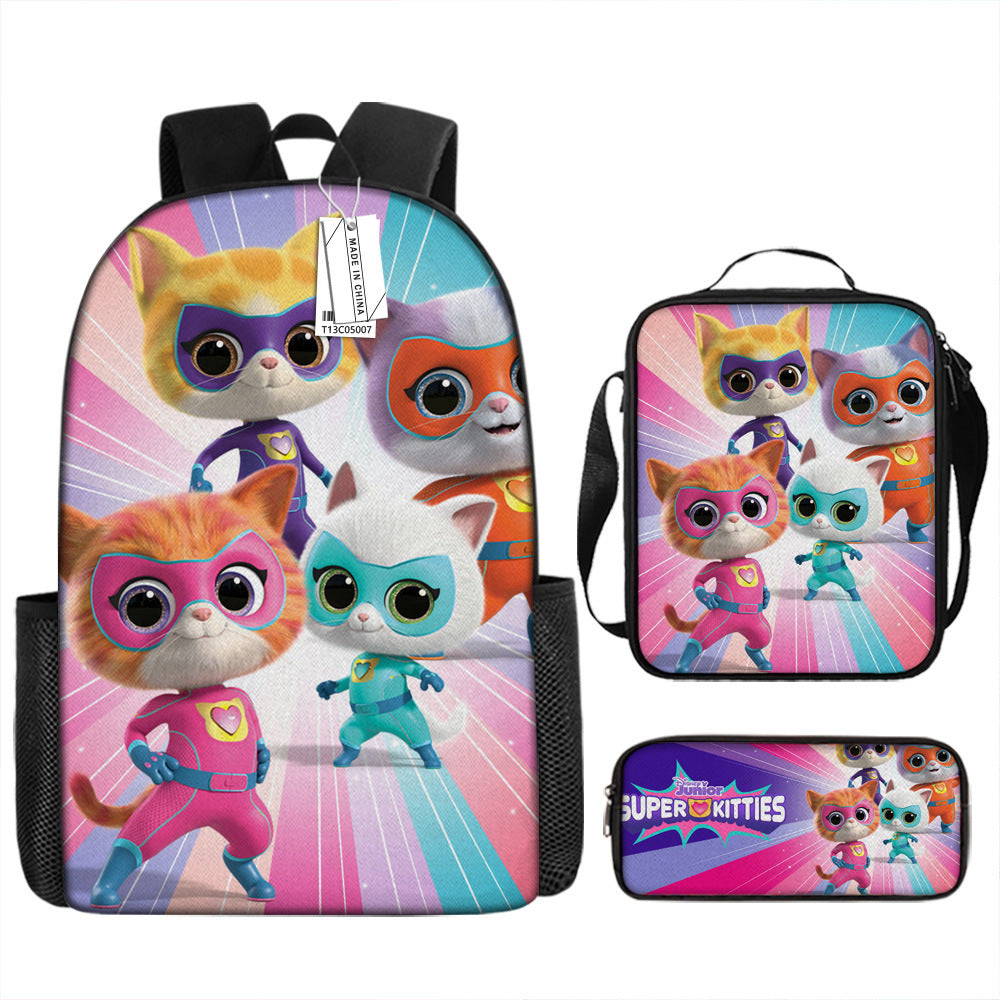 Super Kitties Full Printed Backpack Schoolbag Travel Notebook Bag Lunch Bag Pencil Bag for Kids Students 3PCS