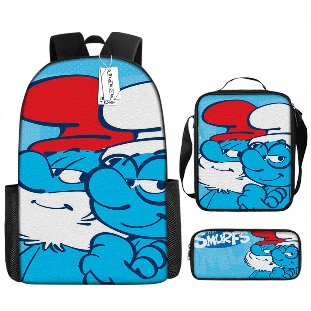 The Smurfs Full Printed Backpack Schoolbag Travel Notebook Bag Lunch Bag Pencil Bag for Kids Students 3PCS