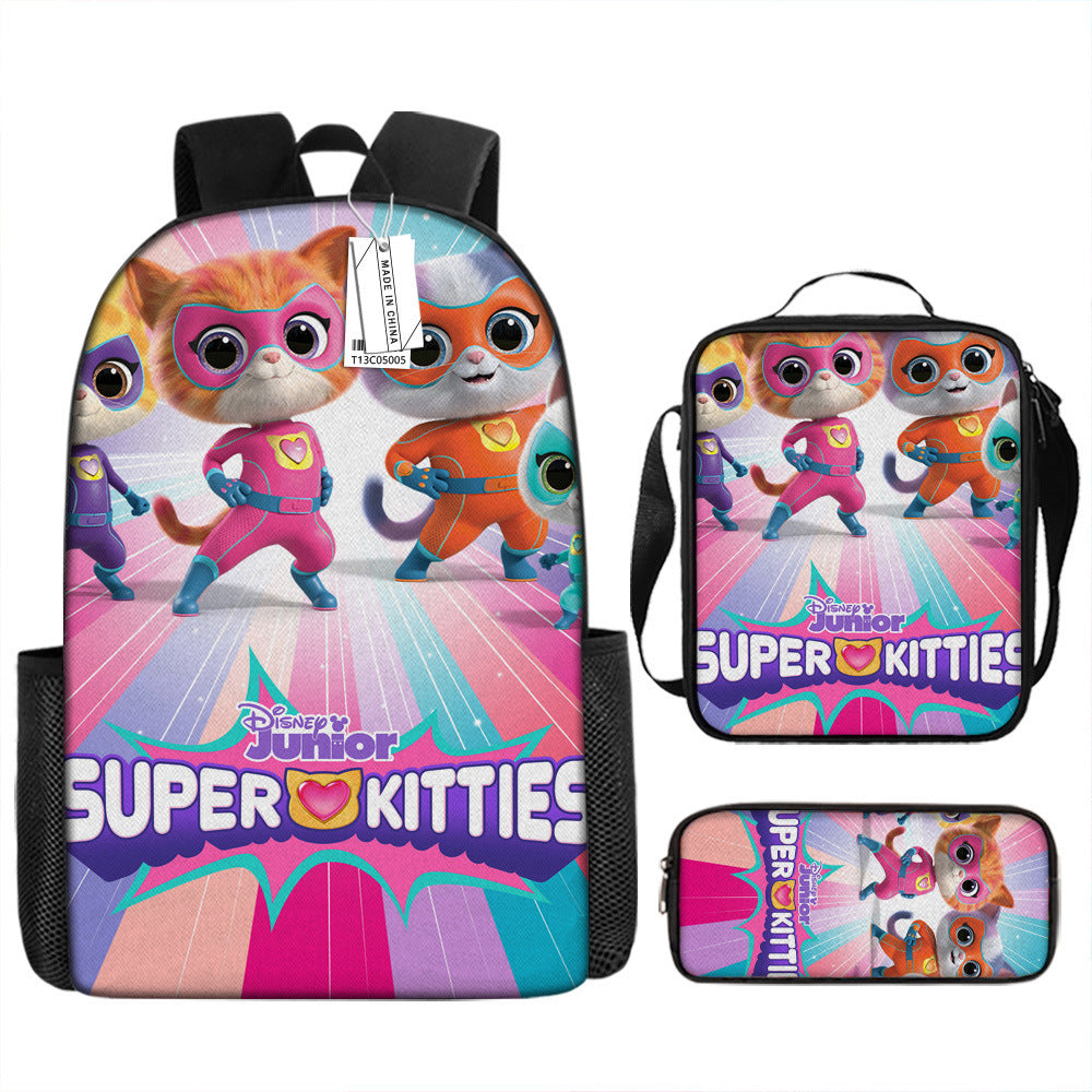 Super Kitties Full Printed Backpack Schoolbag Travel Notebook Bag Lunch Bag Pencil Bag for Kids Students 3PCS