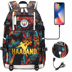 Manchester Football Haaland USB Charging Backpack School Notebook Travel Bags