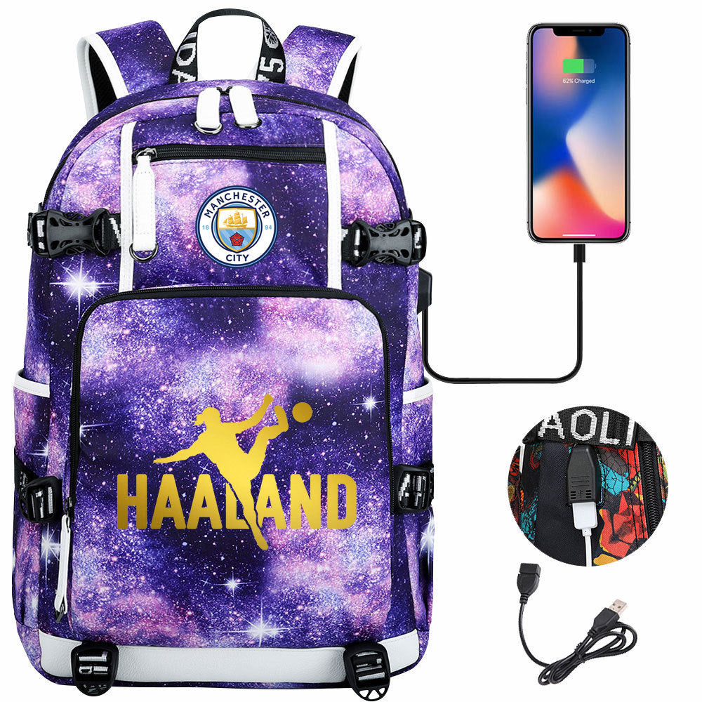 Manchester Football Haaland USB Charging Backpack School Notebook Travel Bags