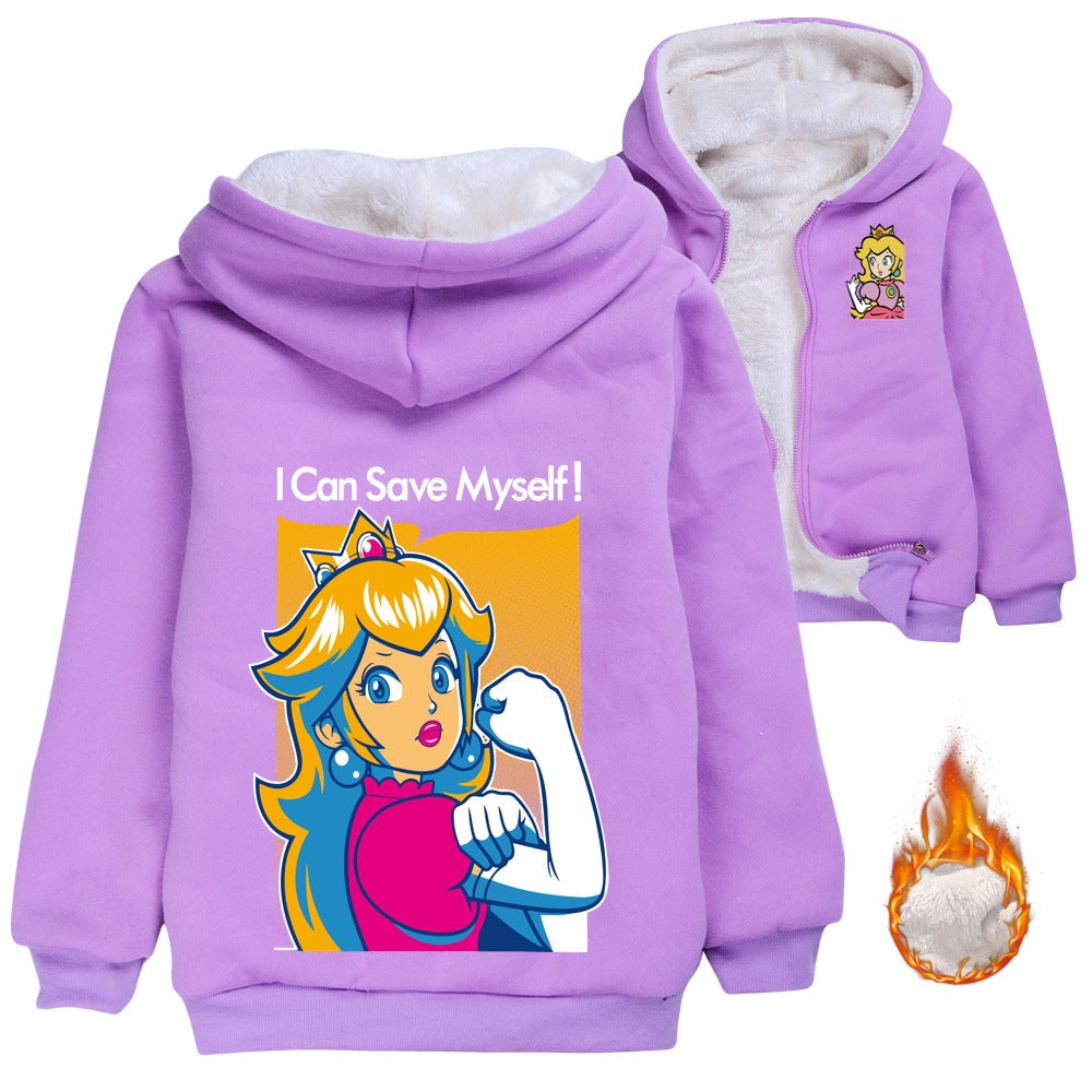 Super Mario Princess Peach Sherpa Lined Hoodie Fleece Sweatshirt Full Zip Hooded Jacket for Kids