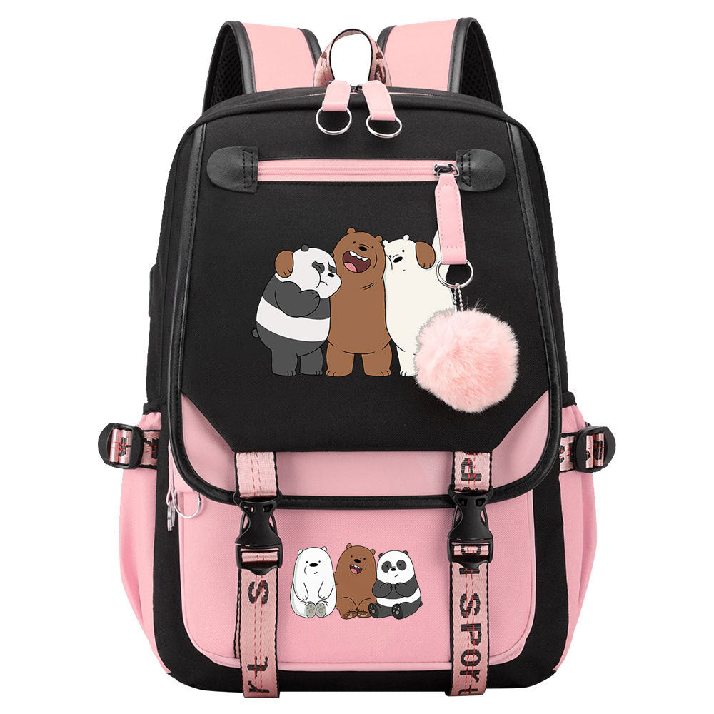 We BareBears Waterproof Backpack School Notebook Travel Bags USB Charging